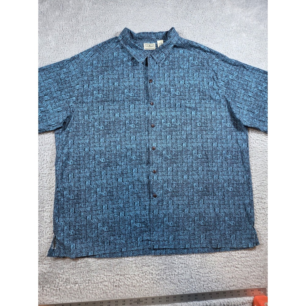 LL Bean Button Down Shirt XXL Blue Mens Mayan Glyph Print Cotton Short Sleeve